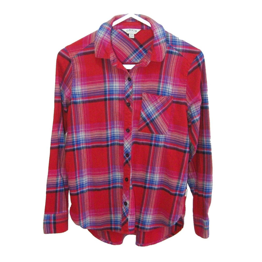 ORVIS Women's (Size Small) Red Blue Plaid Flannel Button Front Shirt Top Cotton